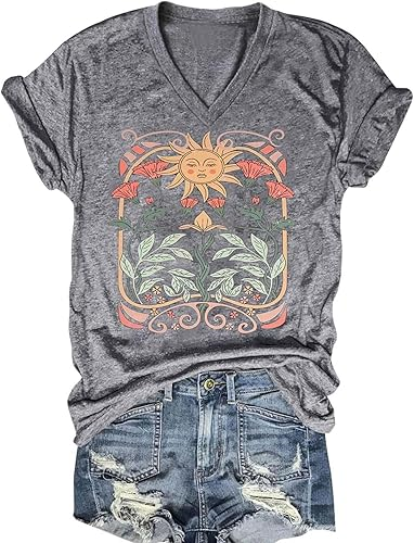 Solstice Bloom” Retro Sun & Nature V-Neck Tee